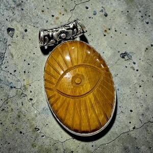 Tiger Eye Evil Eye Pendant Sterling Silver Plated Carved Stone